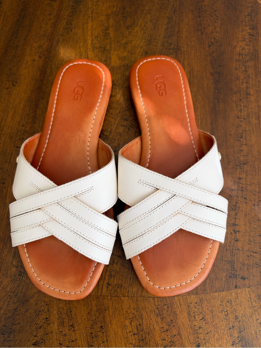 UGG White Leather Crisscross Slide Sandals with Tan Footbed